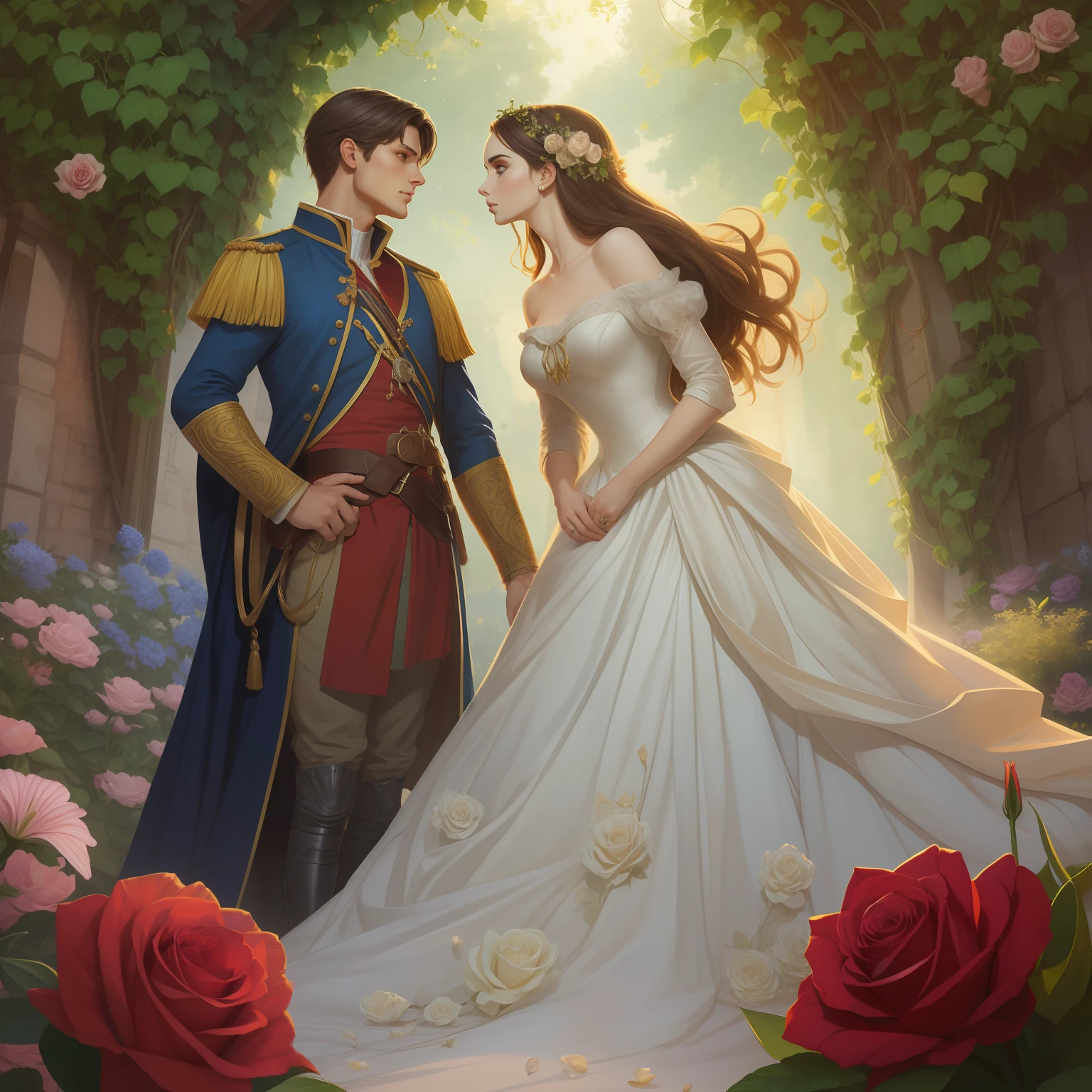 Couple kisses a home and a woman with great affection, the man Neels Visser is a prince who has golden blond hair, wears a medieval military outfit and is in love with the commoner the woman Lily Collins, who has black curly dark hair and wears a dress red, illustration of a romance book cover with a detailed, smooth, bright background filled with ivy-covered flowers and red roses, castle, ornate dress standing on a bed of roses, rim light, dynamic lighting, ethereal lighting, ultra detail, concept art, elegant, surreal, art by Lisa Aisato, Greg Hildebrandt, Citemer Liu, Stjepan Sejic, Samyang, Aykut Aydogdu, Justin Gerard, Alphonse Mucha, Artgerm, WLOP and Greg Rutkowski