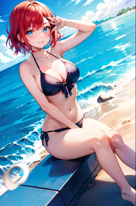 (morning), 1girl, solo, looking at viewer, smile, red hair, swimsuit, blue eyes, beach