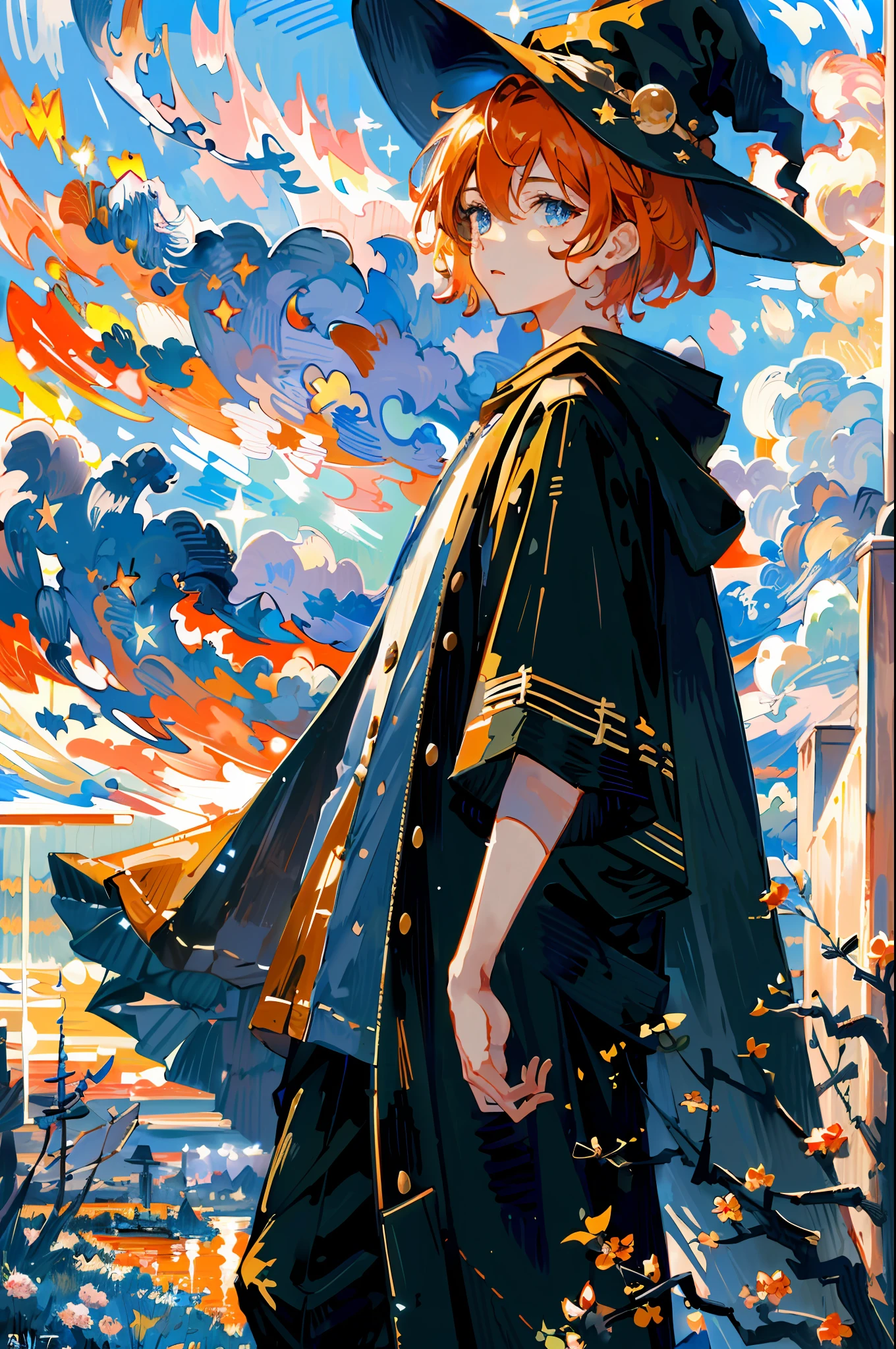 ((masterpiece:1.2, best quality)), (1guy:1.2), solo, short, black starry (witch hat), orange hair, short hair, feathered black robe, long pants, sunset (sky), sky, light blue eyes, dark clouds, sun and moon, (impressionism:1.4)