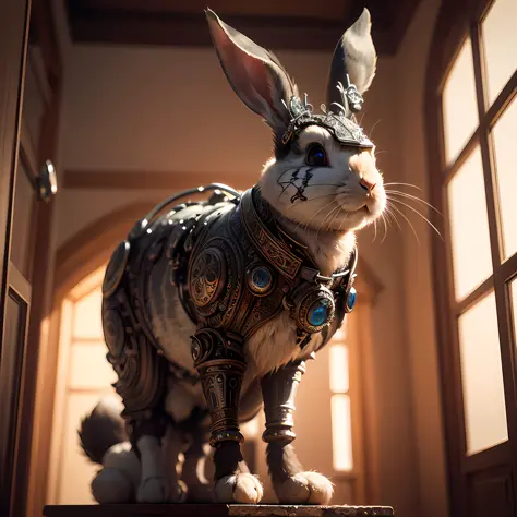 A beautiful rabbit made of metal, (cyborg:1.1), ([tail | detailed wire]:1.3), (intricate details), HDR, (intricate details, hyperdetailed:1.2), cinematic shot, vignette, centered --auto