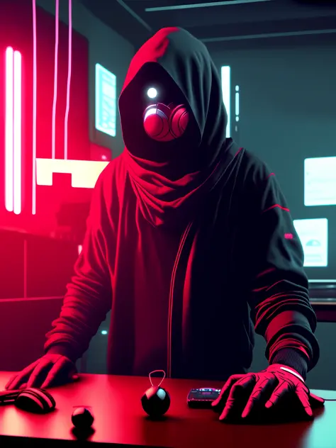 Estilo NeonNinja, fechar-up of a person with a red hood there is a large ball in the middle of a room, fechar-up of an electronic device on a table
