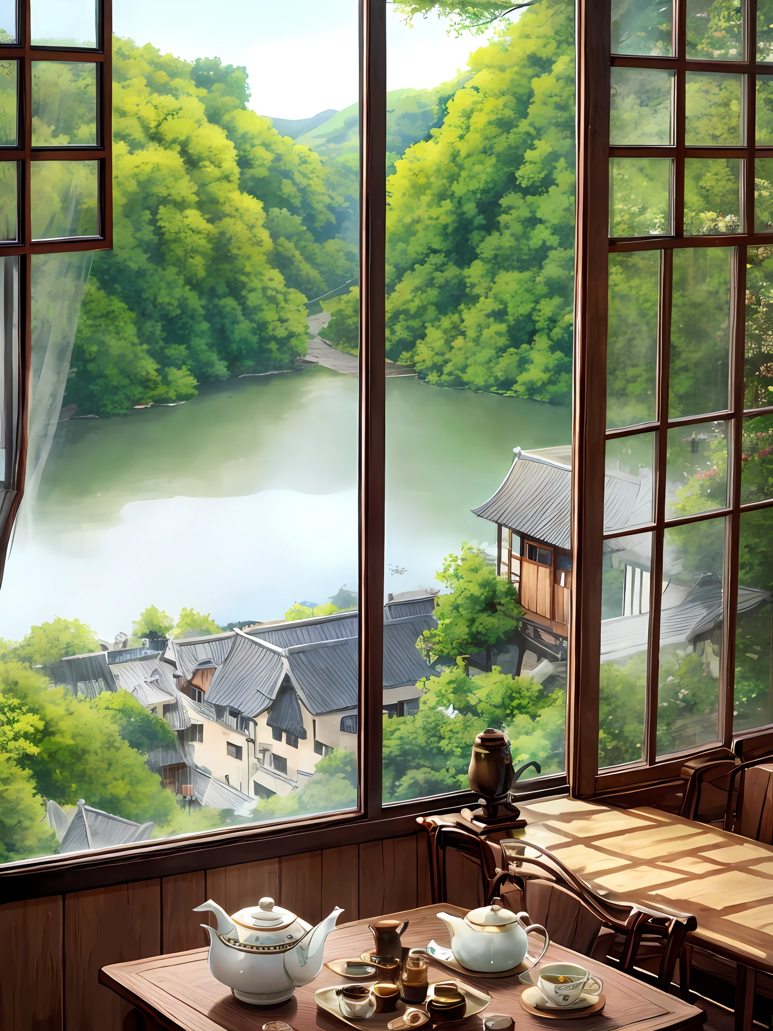 Tea House，There is a tea set on the tea table，Brewing tea，The scenery outside the window is beautiful，Uryu flowers，Smoke burns，Rain and hazy