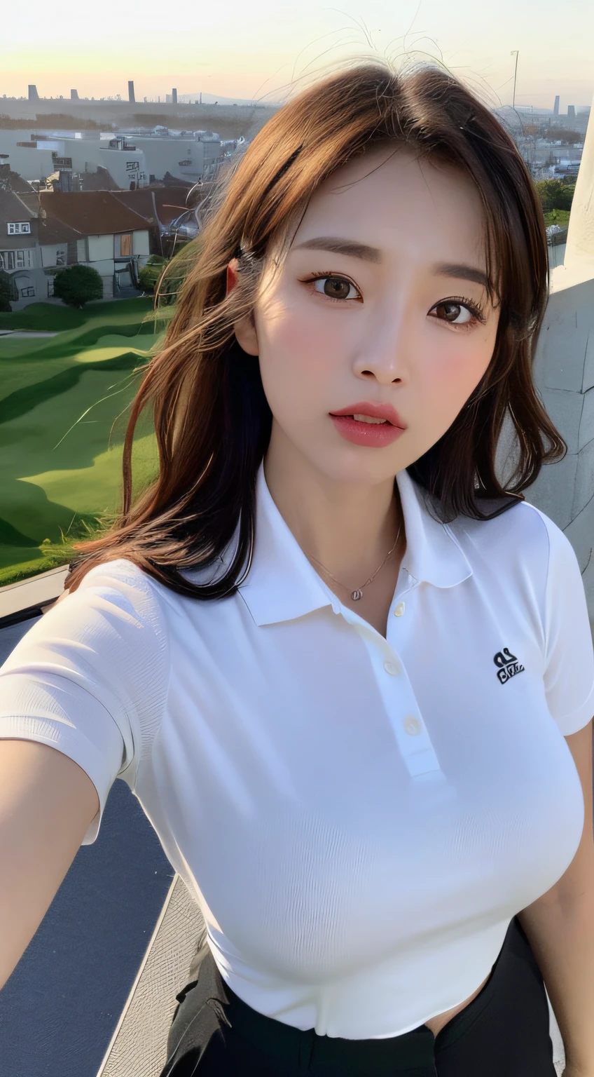 ((Midnight、sthe highest qualit、8k、MASTERPIECE:1.3)), all body, Long legs, sharp-focused:1.2, Beautiful woman with perfect body shape:1.4, slender abs:1.1, ((dark brown  hair、Huge Tits:1.2)), (White Tight Golf Wear、standing a:1.2), ((Night City View、Rooftop:1.3)), Very detailed face and skin texture, detailled eyes, Double eyelidd, On a sunny golf course