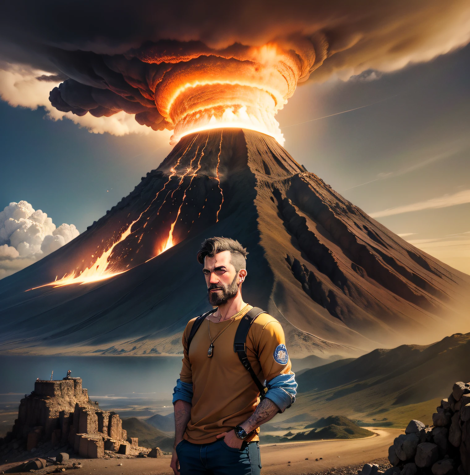 cartoon of a man holding a mug with a volcano in the background, at a volcano, with a volcano in the background, at a volcano, por Juan O'Gorman, nuvem de cogumelos no fundo, Direction: Joe Bowler, exploitable image, Direction: Julio Gonzalez, Direction: Luis Molinari, vulcano, in front of a nuclear explosion, mount doom