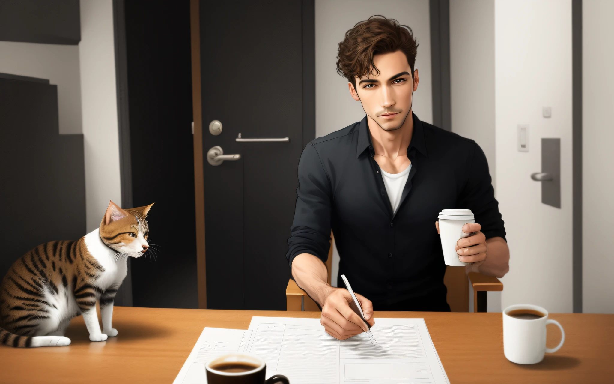 un hombre corpulento que camina erguido,  Sosteniendo una taza de café, Un gato siguiendo la misma dirección que el hombre., estilo de dibujos animados,  Un solo hombre. Imagen real realista detallada.