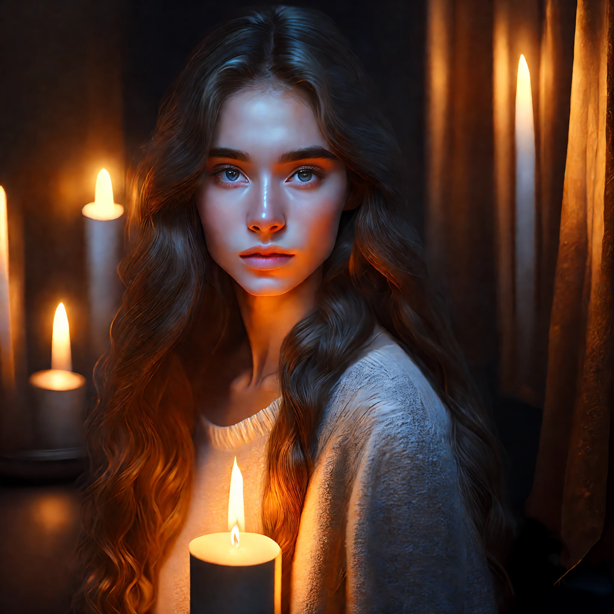 full body portrait of innocent 18-year-old Russian girl going to sleep, magnificent looks with sexual impatience, (candlelight on face:1.1), wearing tight white sweater, (long wavy hair), (candles:1.1), eyes shining with happiness, slightly opened mouth, medium breasts, thin waist, intricate, highly detailed,  perfect image,  cinematic lighting, very detailed face and eyes, (dark ambience:1.5), (dimly lit:1.1), elaborate fantasy atmosphere, high-quality photo, photorealistic painting by Ed Blinkey, trending on artStation, high detail, sharp focus, dramatic
