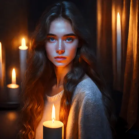 full body portrait of innocent 18-year-old Russian girl going to sleep, magnificent looks with sexual impatience, (candlelight on face:1.1), wearing tight white sweater, (long wavy hair), (candles:1.1), eyes shining with happiness, slightly opened mouth, m...