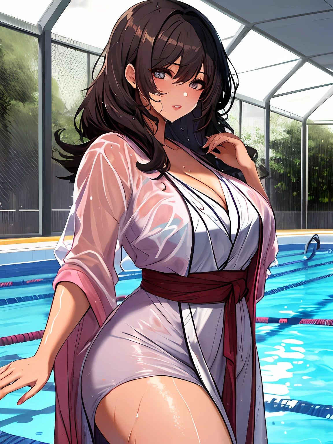 Anime girl in a white dress standing next to a swimming pool - SeaArt AI