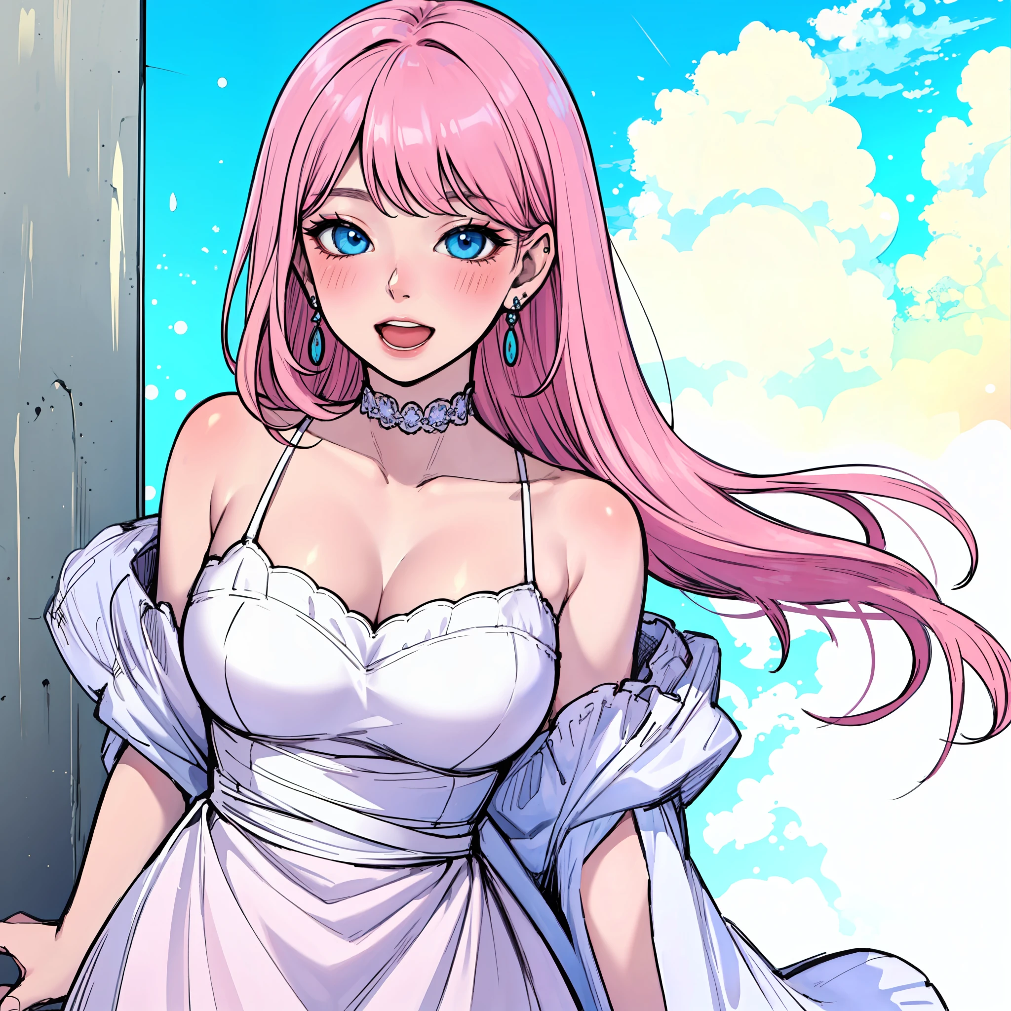 synecdoche, masterpiece, best quality, 1girl, vinhi gala dress, large breasts, blush, pink hair, bangs, open mouth, , solo, looking at the viewer, collarbone, blue eyes, swept bangs, earrings, bare shoulders, smile, neckline, jewelry, sky, long hair, loose hair