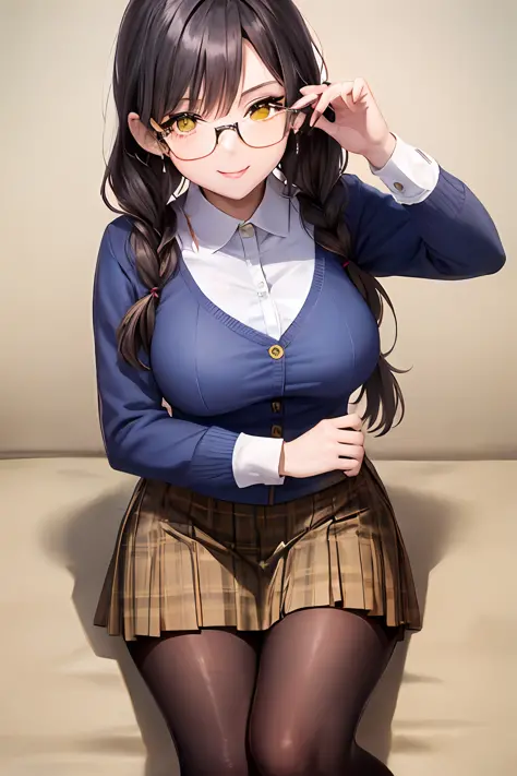 slong hair、PLEATED SKIRT、thickthighs、MASTERPIECE、sthe highest qualit:1.2)、solo、Adult woman、Evil Smile、watch the viewer、Braids、Pigtails hair、Dark hair、black tights、Black pantyhose、black stockings、Glasses、Yellow plaid、Mini skirt、Yellow miniskirt、Camisa blanc...
