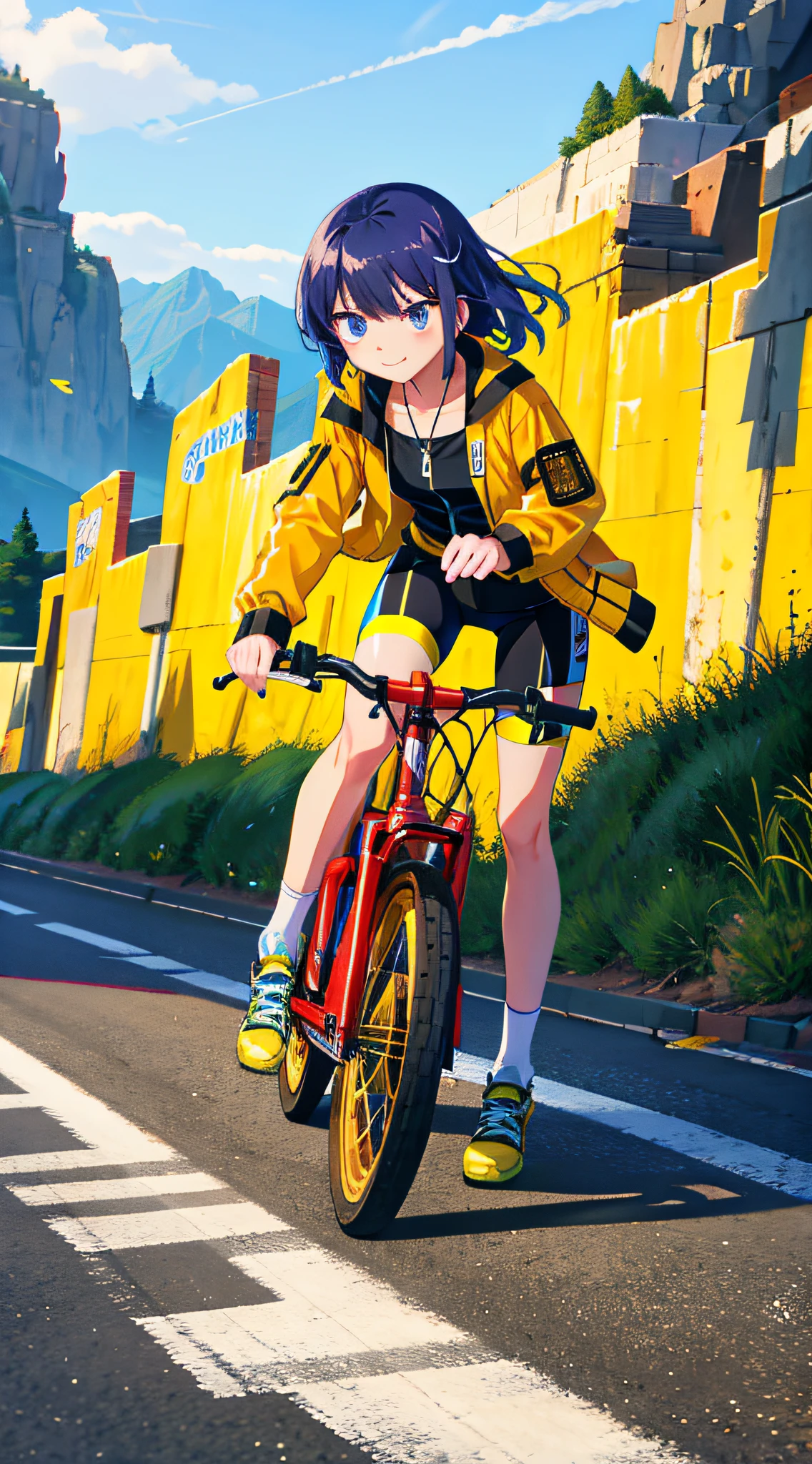 (pov), steampunk style yhmotorbike, 1woman, golden color jacket, open jacket, bike shorts, riding shoes, sprint, multiple angle, full power sprint, ride a motocross, (mountains, public roads), anime picture, art cg, (ultra-detailed:1.3), best quality, illustration, particle lighting, beautiful detailed glow, an extremely delicate and beautiful, gleaming skin, shiny hair, detailed and delicate costumes