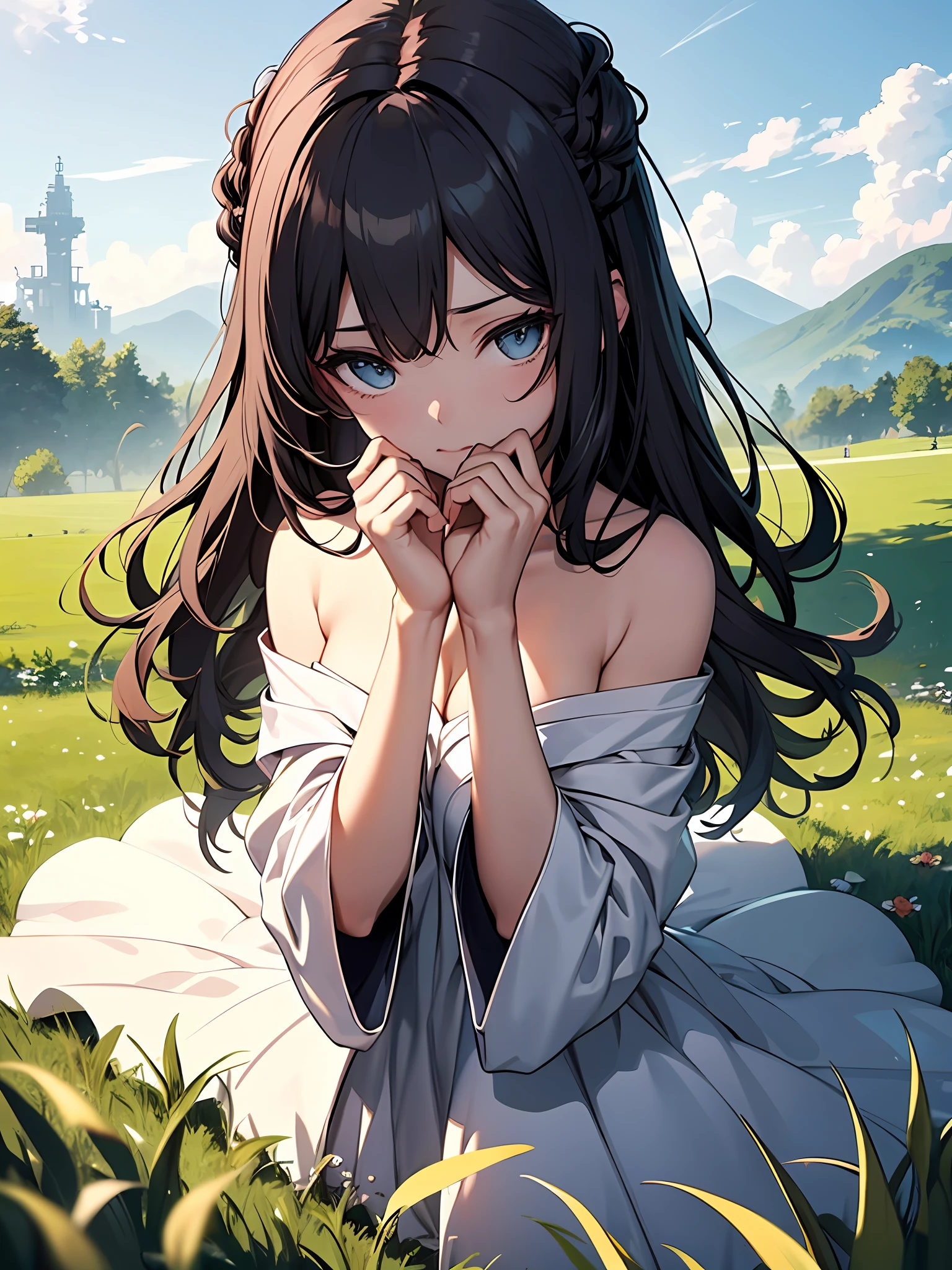 {{Meisterwerk}}，illustartion，best quarity，Extremely detailed CG Unity 8K wallpapers，1girl_soe flat, grass field, hands beside you, look audience, overlooking the angle,Naked dress,