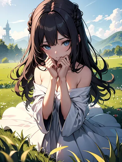 {{Meisterwerk}}，illustartion，best quarity，极其详细的CG Unity 8k壁纸，1girl_solo，Lie flat, grass field, hands beside you, look audience, overlooking the angle,Naked dress,