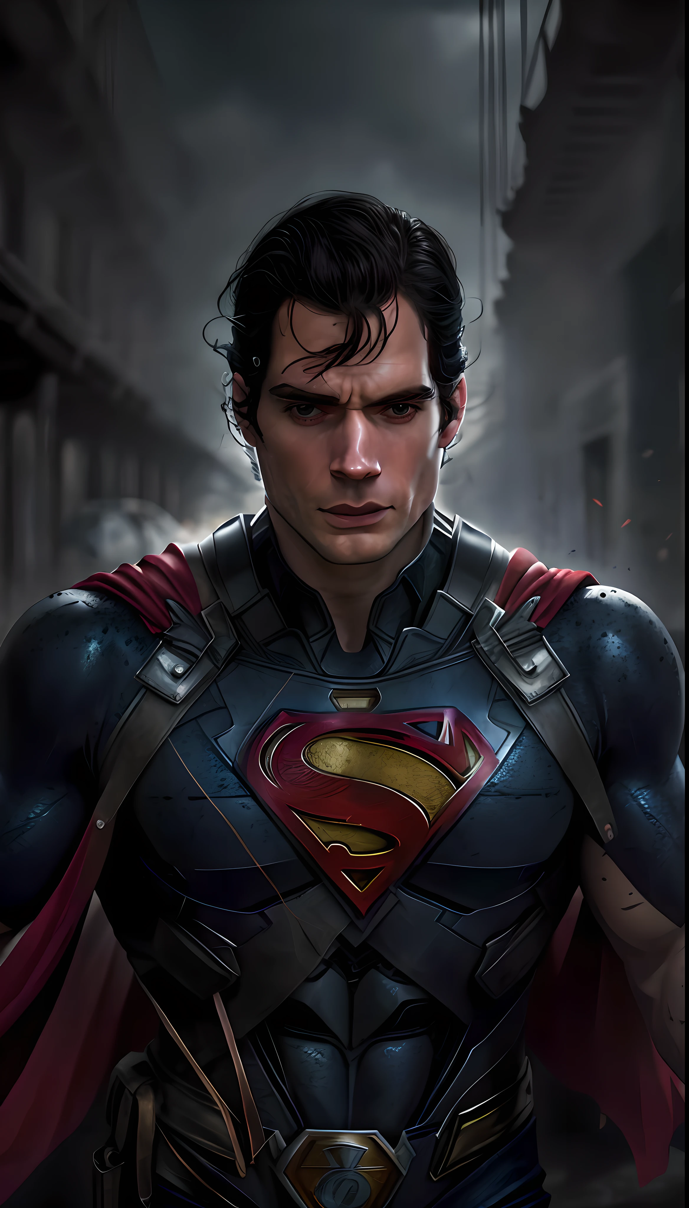 Henry Cavill als Superman, 40 Jahre alt, komplett schwarze und rote Anzugdetails, großes S-Symbol auf der Brust, roter Umhang, Haarsträhne auf der Stirn, kurz geschnittenes Haar, ordentliches Haar, hoch, männlich, großer Körper, muskulös, Mach die Reta, schwarzes Haar, beste Qualität, hohe Auflösung:1.2, rohe Arbeit, Rohfoto, dunkler Hintergrund, detaillierter Anzug, detailliertes Gesicht, Oberkörperaufnahme