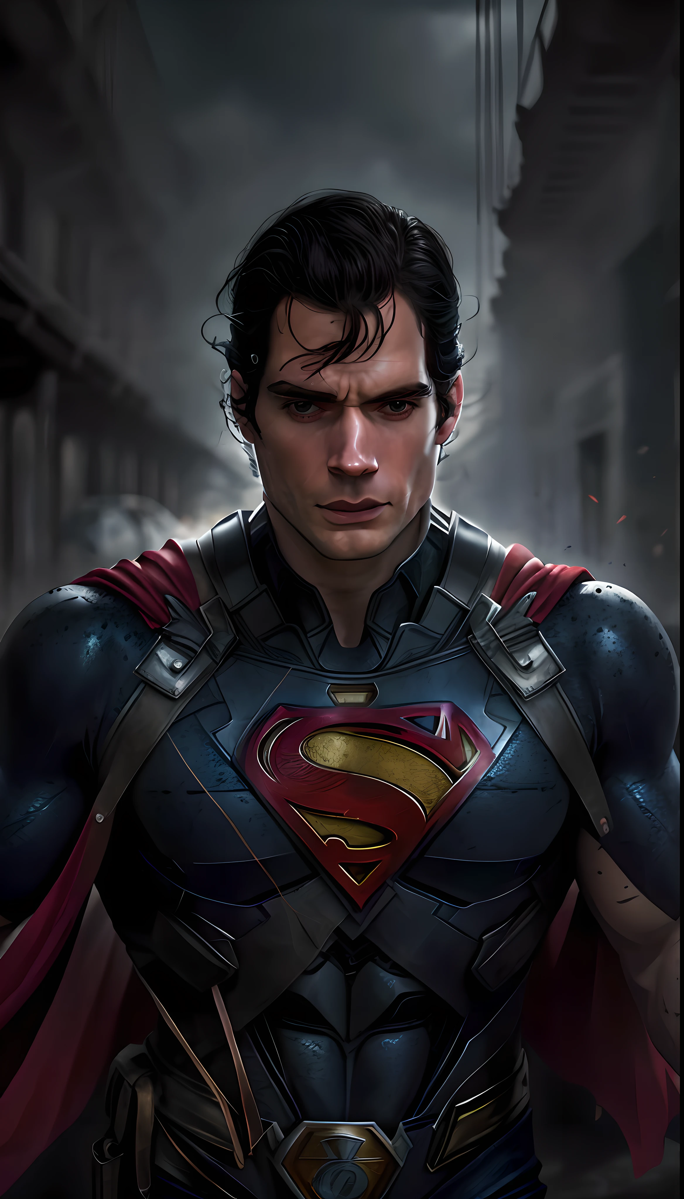 Henry Cavill as Superman, 40s year old, all black and red details suit, big S symbol on the chest, red cloak, strain of hair covering forehead, short cut hair, tidy hair, Cao Cao, manly, corpo hunk, muscular, straight face, black hair, Best quality, high resolution:1.2, ​masterpiece, raw-photo, darkness background, detailed suit, face detailed, upper-body shot