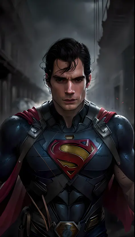 Henry Cavill como Superman, 40s year old, todos os detalhes pretos e vermelhos terno, big S symbol on the chest, capa vermelha, ...