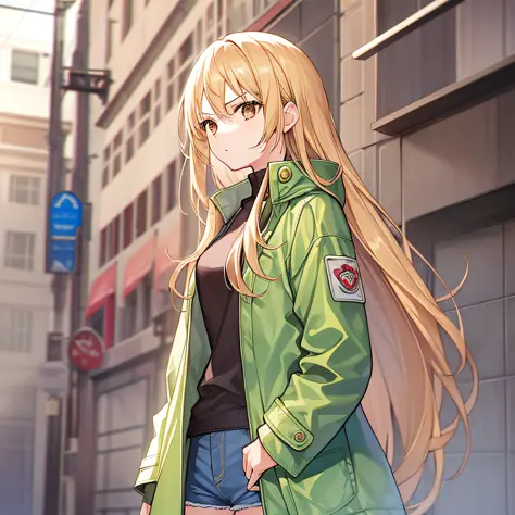 1girl, solo, blonde hair, brown eyes, white shirt, open coat, green coat, jeans, shorts, red sneakers, long hair,  serious, concept art, apocalypse,