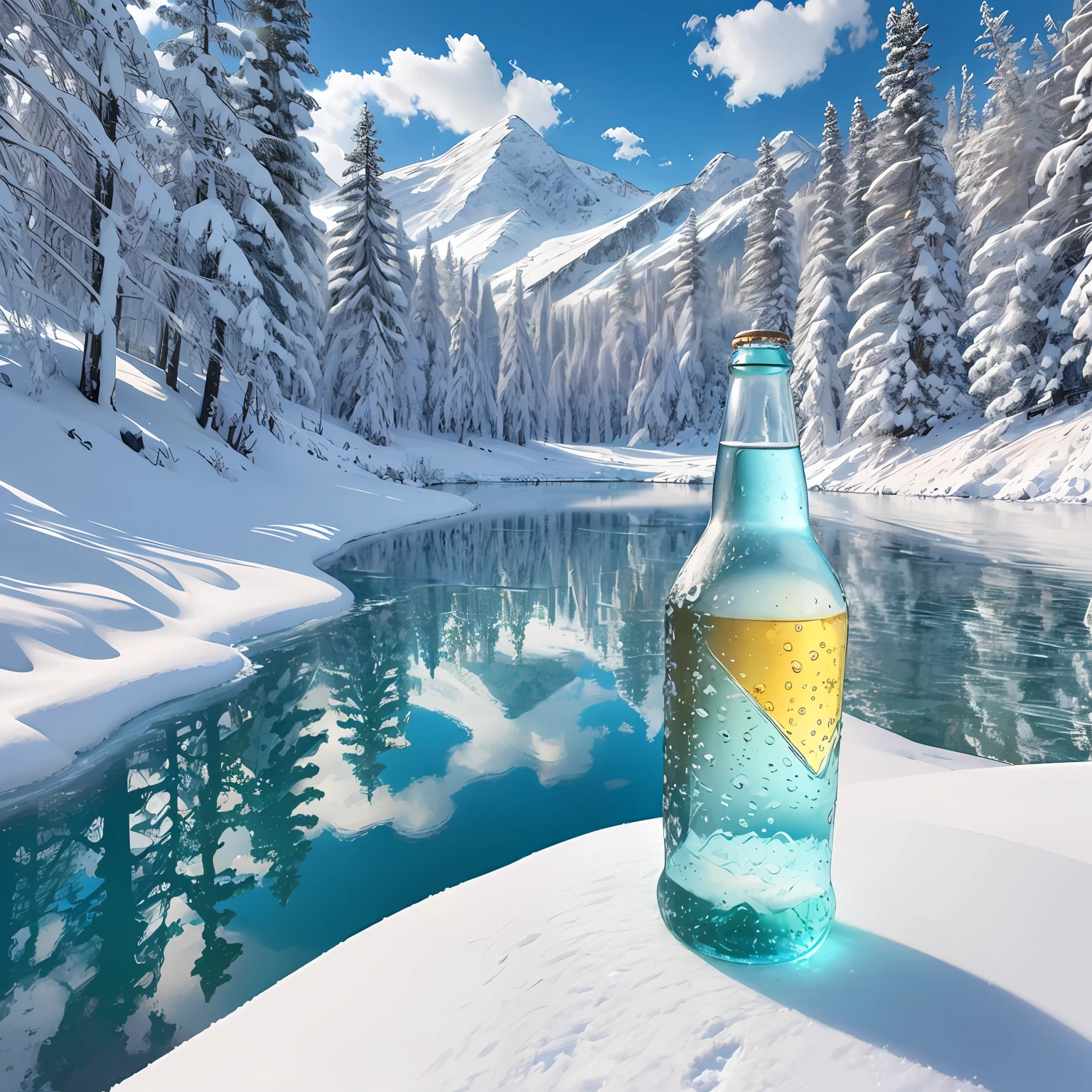 There is a beer bottle in the middle of the lake，Snowy mountain background，richness of detail，4K，Movie quality，Ultraclear