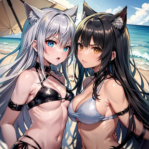 （（two Girl）），All have cat ears，All have cat tails，The girl on the left has white hair and red eyes，Right girl with black hair and heterochromic pupils，Left girl with sun-colored complexion，Right girl with white skin，random hairstyles，Random bikini，Random c...