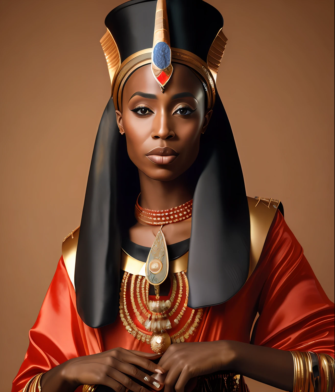 a realistic detail of a beautiful black female model wearing an Egyptian pharaoh goddess costume, royal Egyptian clothing, medium range portrait, highly detailed, sharp focus, masterpiece, commissioned, (professional hands), professional anatomy, color corrected, edited in post, (redshift style, classicnegative:1.2)