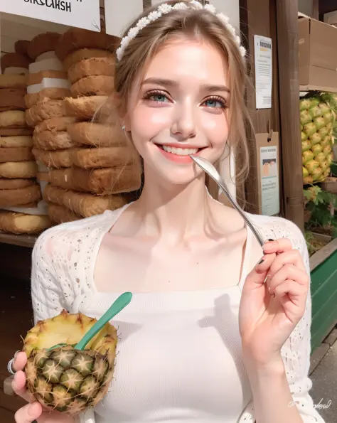 german girl，sorrisos，sweet beauty，pineapple in one hand，spoon in one hand