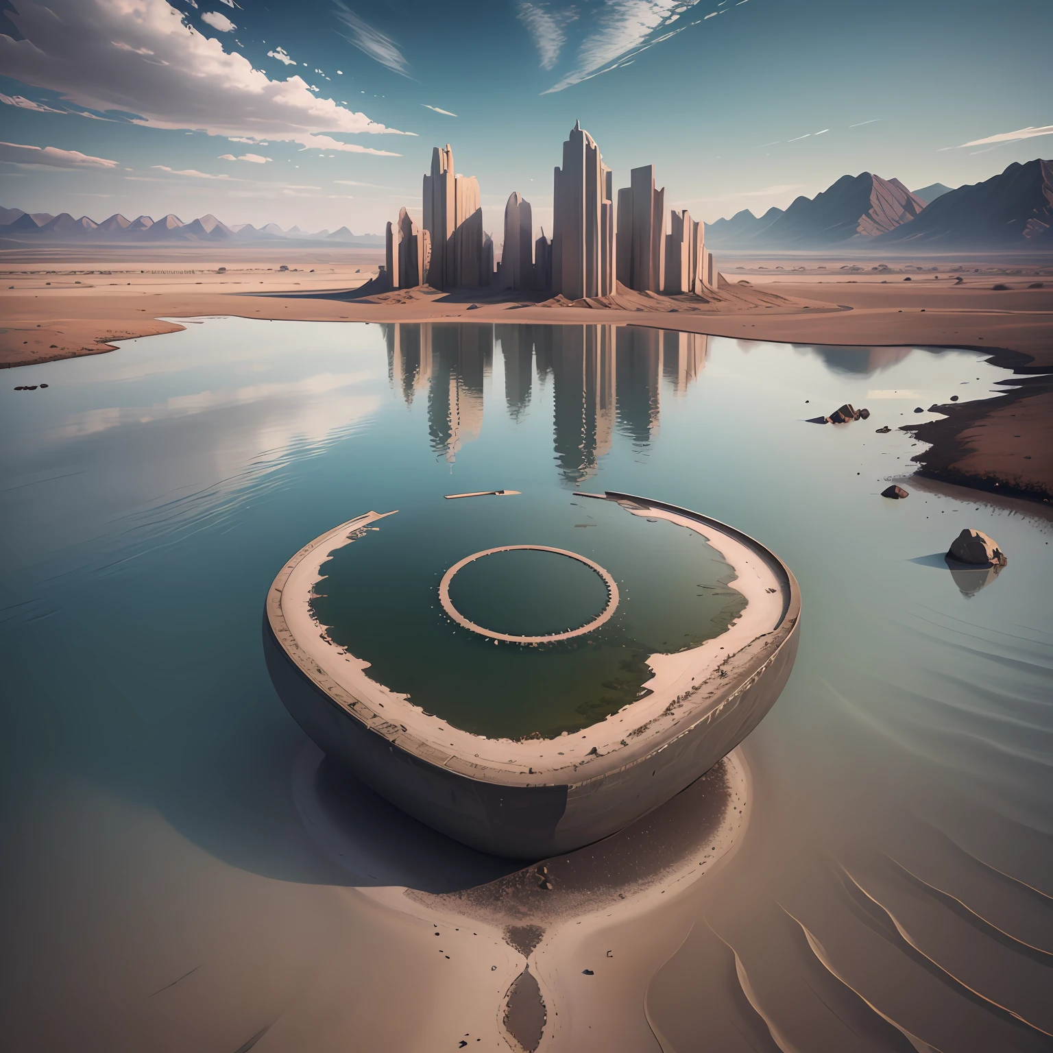 plan d&#39;eau dans un désert, dans le style des paysages architecturaux surréalistes, photo géographique nationale, Hasselblad haut niveau de détail， Éclairage cinématographique， lumière réfléchie，perspective atmosphérique， Vue panoramique， F/4.0， Nikon， QG， super-détail，meilleure qualité， 8k