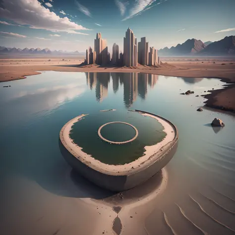 body of water in a desert, in the style of surreal architectural landscapes, national geographic photo, hasselblad high detail， ...