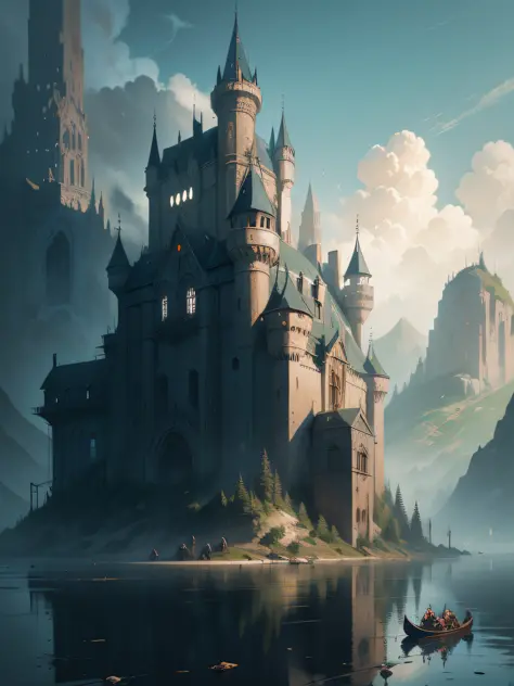 There is a painting，The painting is a castle on a hill with a river, inspired by Raphael Lacoste, illustration matte painting, s...