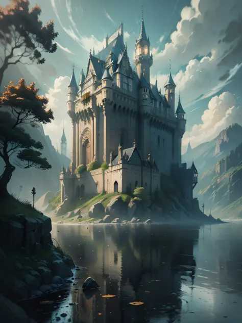 There is a painting，The painting is a castle on a hill with a river, inspired by Raphael Lacoste, illustration matte painting, s...