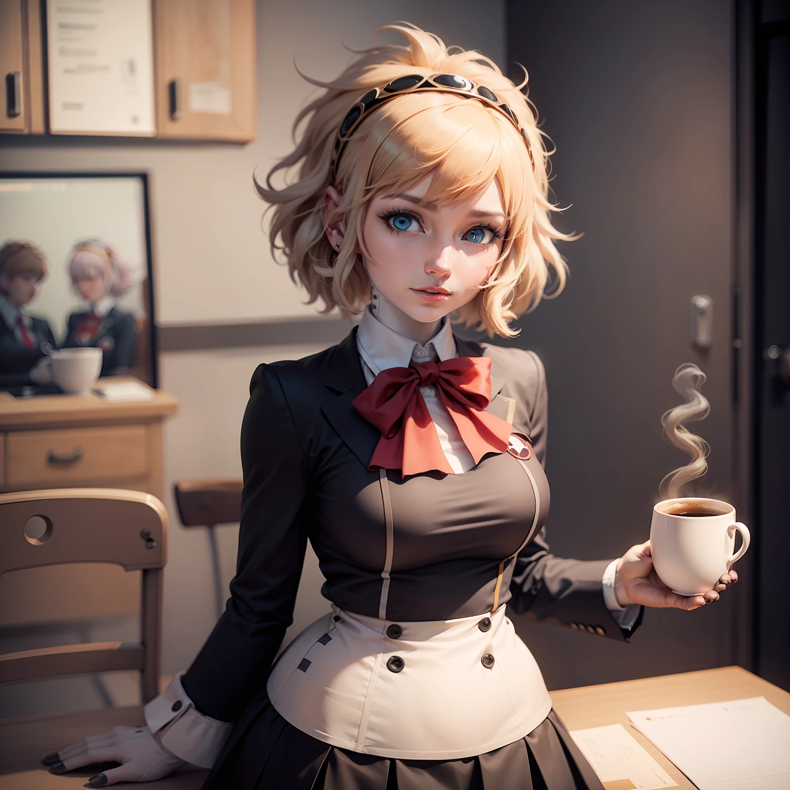 a close up of a cartoon of a woman holding a cup of coffee, Junko Enoshima, Danganronpa, Chiaki Nanami, Danganronpa, Menina anime em um traje de empregada, Arte digital de Danganronpa, curvy, Akane Owari Danganronpa, roupa de empregada,  gato anime em uma fantasia de empregada