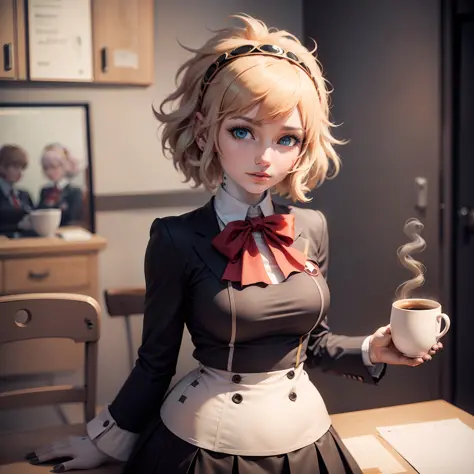 a close up of a cartoon of a woman holding a cup of coffee, Junko Enoshima, Danganronpa, Chiaki Nanami, Danganronpa, Menina anim...