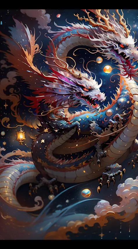 A celestial Chinese Dragon flying in the night sky, moon illuminating vibrant colors of dragon scales ((red, blue, gold:1.3)), m...