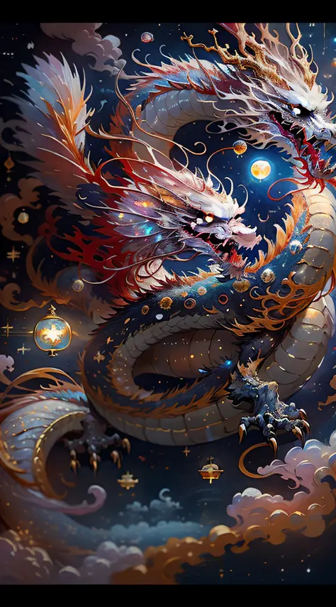 A celestial Chinese Dragon flying in the night sky, moon illuminating vibrant colors of dragon scales ((red, blue, gold:1.3)), m...