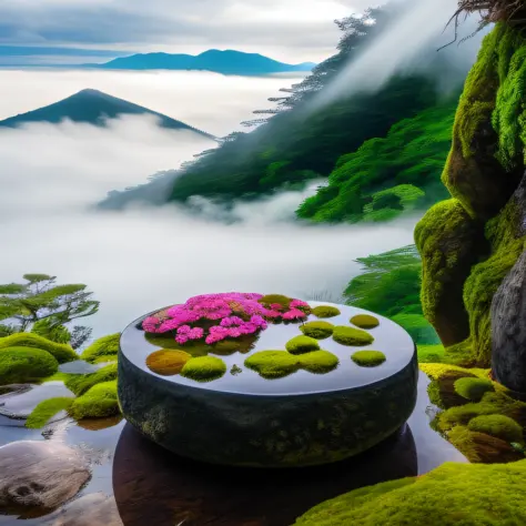There is a table in the middle of the mountain，It has moss and flowers on it, japan nature, lush japanese landscape, surreal wai...