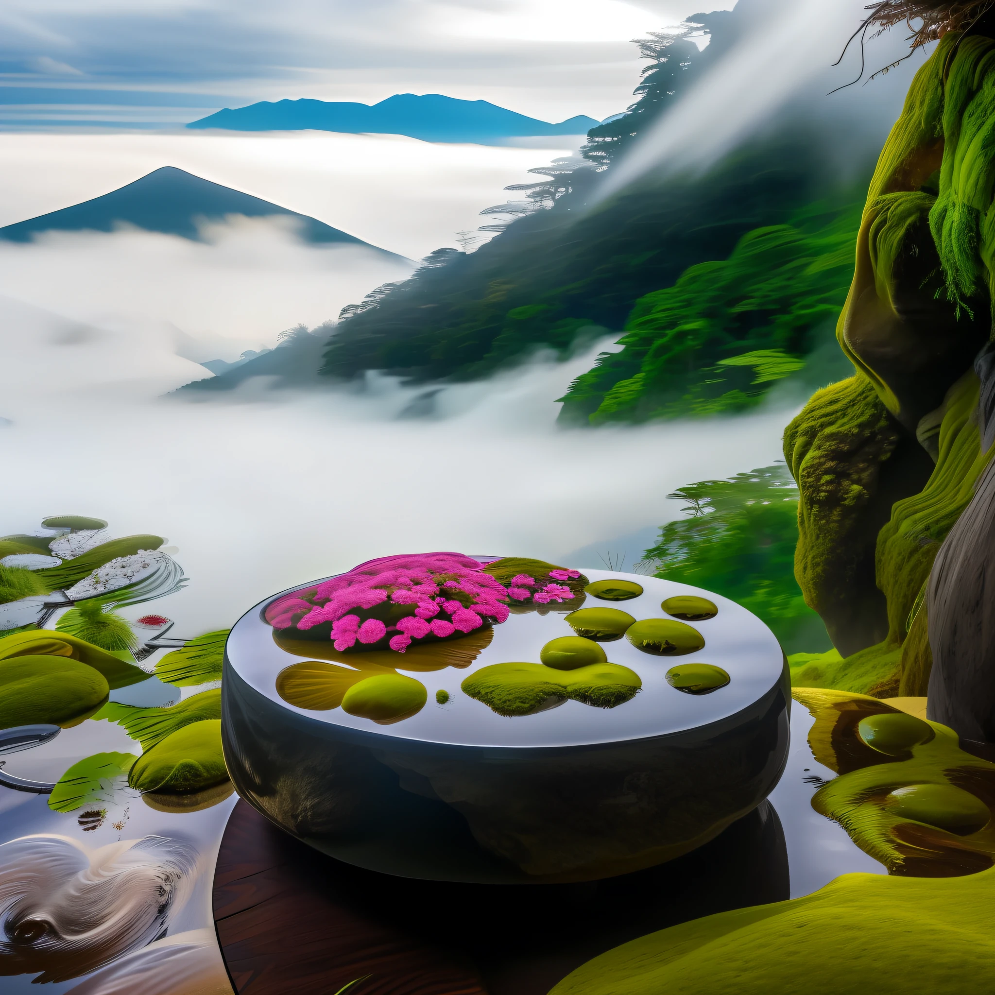 山中间有一张桌子，上面有苔藓和花朵, 日本自然, lush 日本风景, 超现实的 waiizi 花, 漂浮的山脉, 日本山脉, 背景中令人惊叹的自然风光, 神秘的环境, 郁郁葱葱的花园和温泉之上, 漂浮在强大的禅境中, 日本风景, 日本温泉, 瀑布上的薄雾, 美丽而神秘