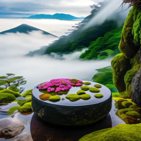 There is a table in the middle of the mountain，It has moss and flowers on it, japan nature, lush japanese landscape, surreal wai...