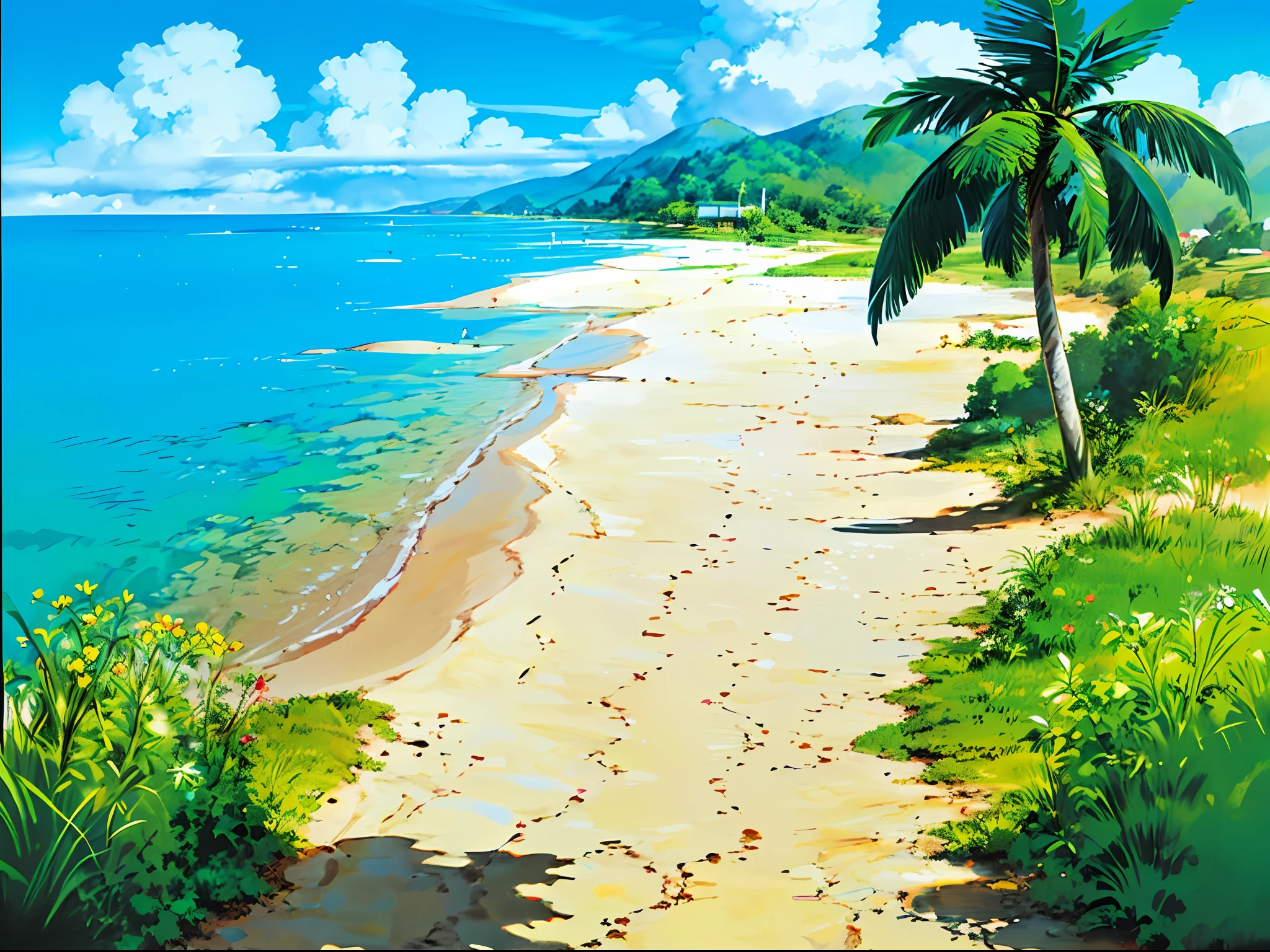 (((best qualit))), high satur, Clear,、, reasonable structure, cartoon style,  sandy beach ， the sand, The sea,, mew, heavens、, SUNNY DAY, fantasy， out door, landscape，，, True, Beautiful and amazing landscape oil painting Studio Ghibli on the tropical island of Miyazaki，Blue sea and sky, tropical island, coconuts --v6