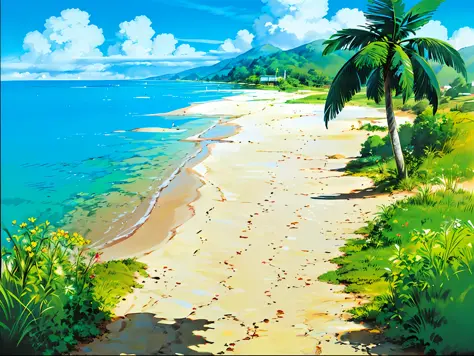 (((best qualit))), high satur, Clear,、, reasonable structure, cartoon style,  sandy beach ， the sand, The sea,, mew, heavens、, S...