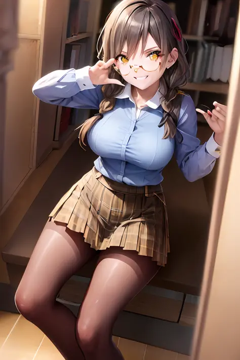 glasses、braid hair、Pigtails hair、detailled eyes、BROWN EYES、A evil smile、Evil smile、slong hair、Plaid pleated skirt、Yellow miniskirt、Black hair、Camisa blanca、White Y-shirt、thickthighs、Black Pantyhose、Black stockings、Black tights、school classroom、evening