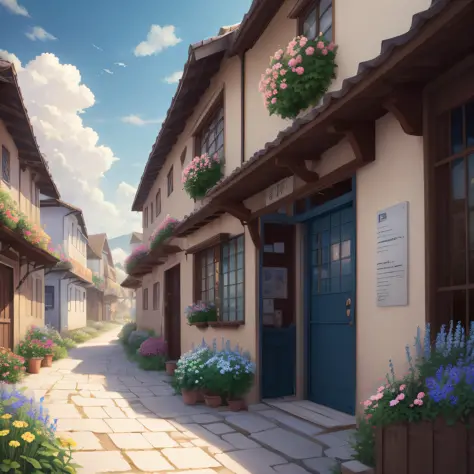Masterpiece, best quality, (very detailed CG unity 8k wallpaper) (best quality), (best illustration), anime, village, flowers, blue sky, --v6