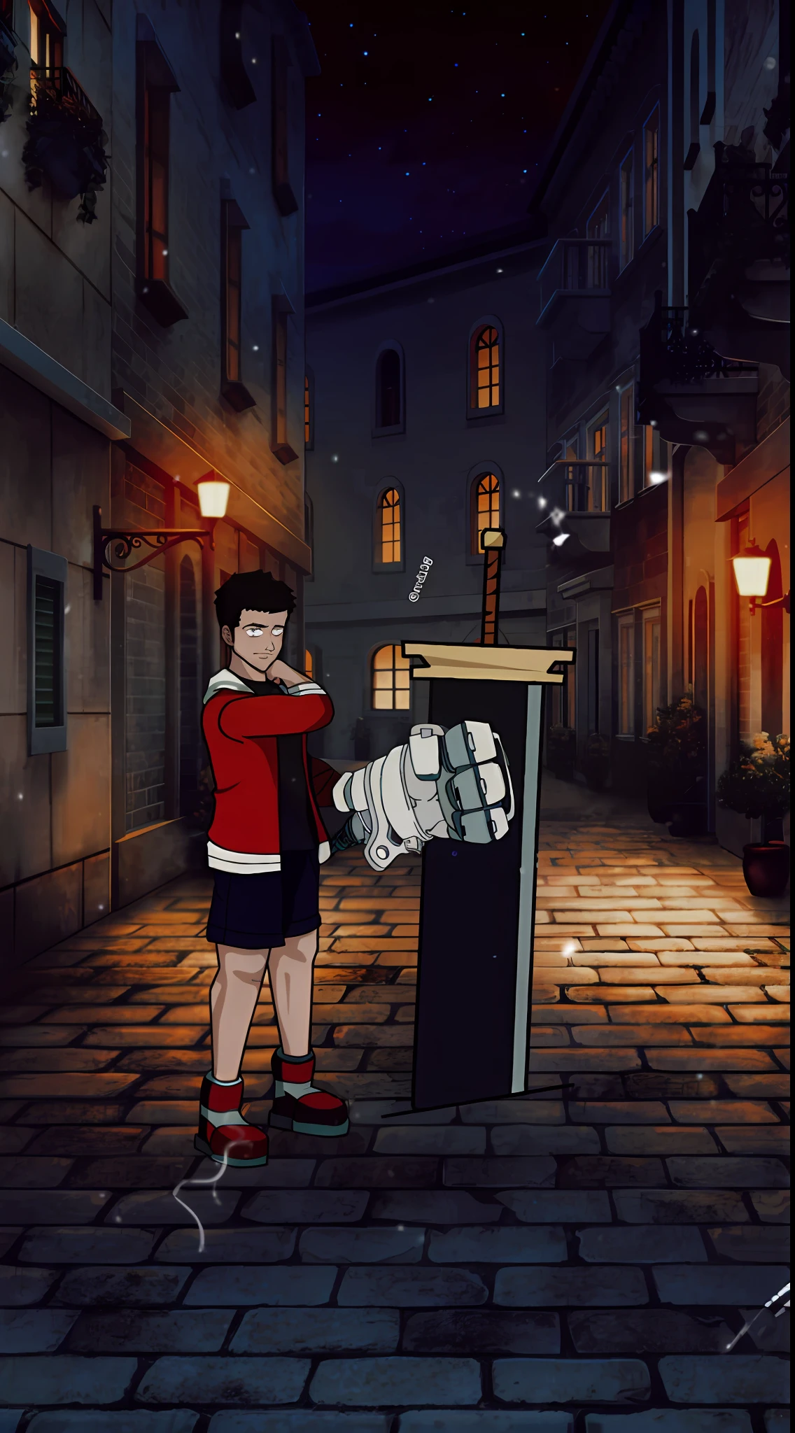 Cartoon of a boy standing in a street with a bat - SeaArt AI