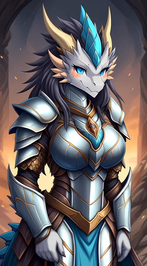 anime - imagem estilo de uma mulher cavaleiro, anthro dragon art, dragon inspired armor, dragon armor, dragon queen, fantasy ins...