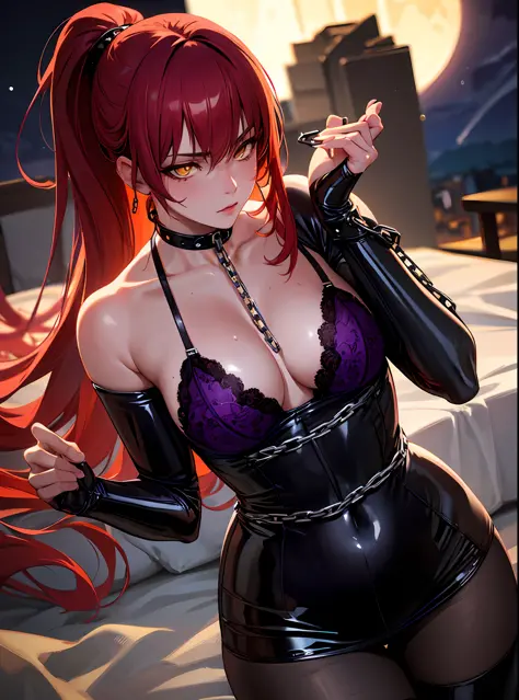 (masterpiece, best quality) an adult woman with very long red hair, ((latex clothes)), wet skin, underwear, ((holding a chain)), (purple lingerie), ponytail, without pants, (night), long stockings, dark environment, moonlight, ((sexy lingerie)), queen, alo...