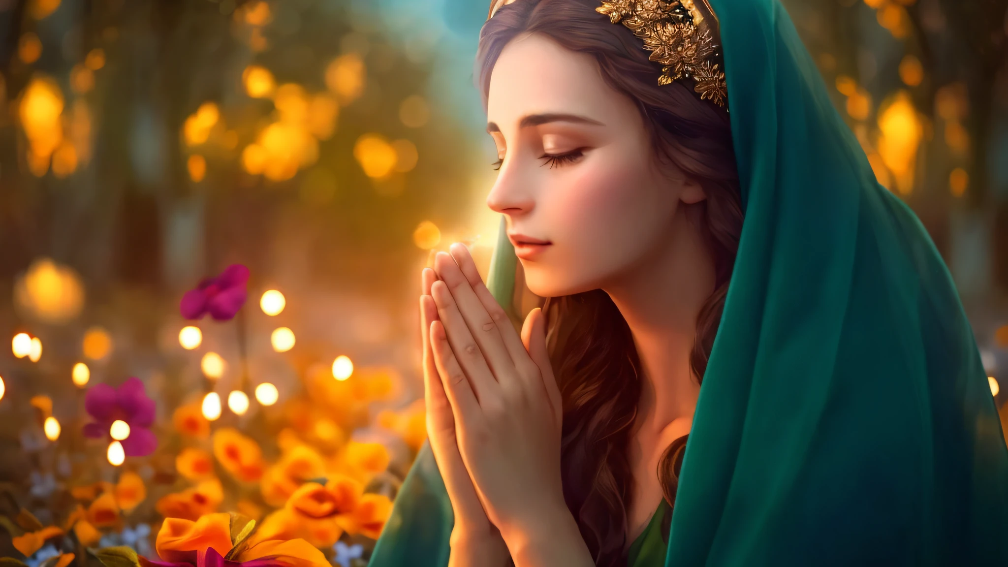 a woman in a green veil is praying in a field of flowers, beautiful goddess, majestic saint woman, pray meditating, religious imagery, religious, praying, holy flame spell, praying at the sun, sacred feminine, beautiful image, beautiful woman, profile pic, beautiful depiction, divine goddess, elf priestess, fae priestess, Virgin Mary --self