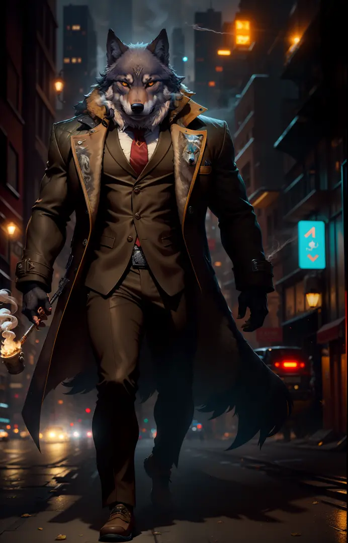 Masterpiece, (Ultra Detailed), (Animal Anthropomorphism), Gangster Theme, Wolf, Handsome, Trench Coat, Dim Lights, Smoke, Shadow, Corrupt Cityscape, Highest Quality, Single Focus, (skimming: 1.1), Muscle Man, Full Body, Intricate (High Detail: 1.1) Unreal ...