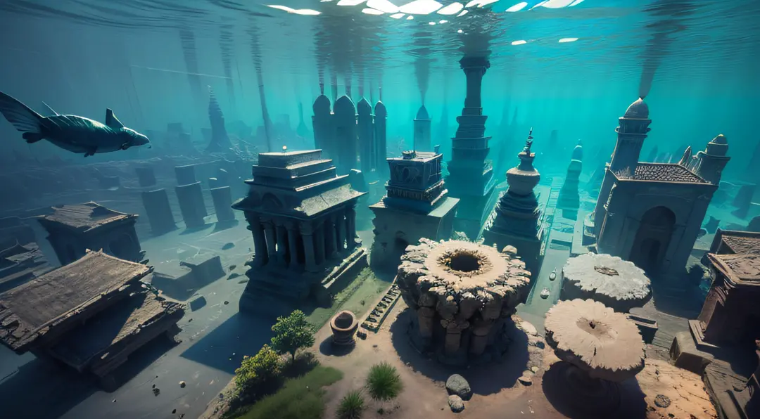 beautiful ancient city underwater, high quality, high definition