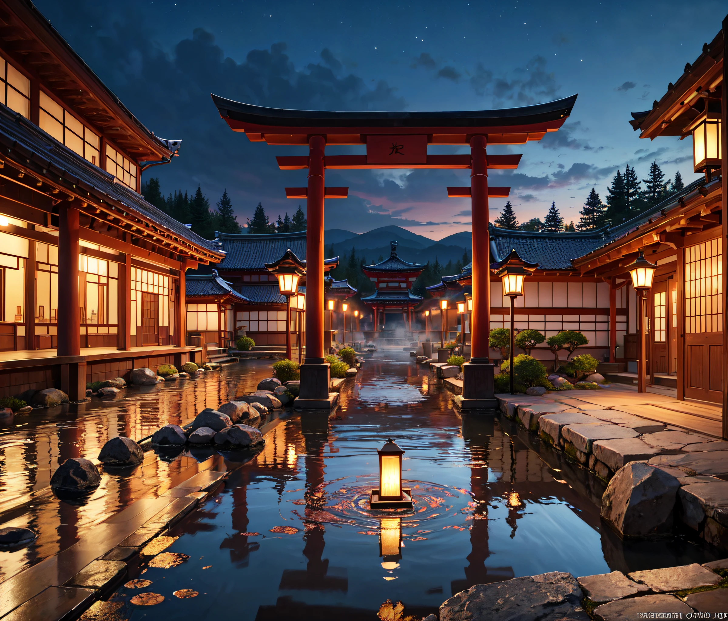 (masterpiece, top quality, best quality, official art, beautiful and aesthetic:1.2), extreme detailed,(fractal art:1.3),colorful,highest detailed in ultra detailed complex onsen, puddle, water, torii gate, japanese buildings,(best-quality:0.8), (best-quality:0.8), perfect anime illustration,  BREAK steam