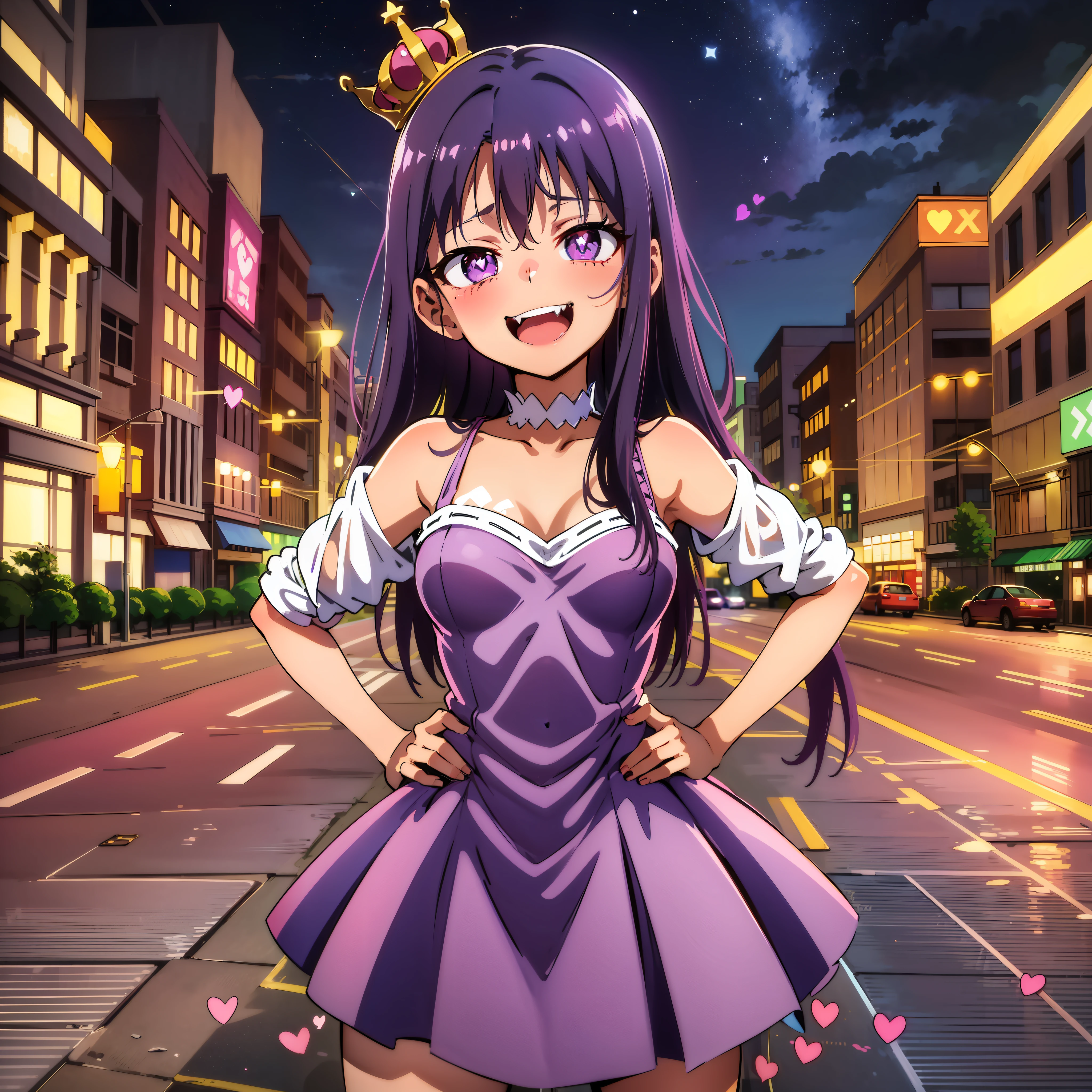 Loli, purple hair, short pink dress, bare shoulders, purple pantyhose, garters, heart pupils, small breasts, marked breasts, standing in the city, night with stars, looking at the viewer, small crown on the head, expression of happiness, exposed abdomen, marked figure, fangs, posing, hands on hips