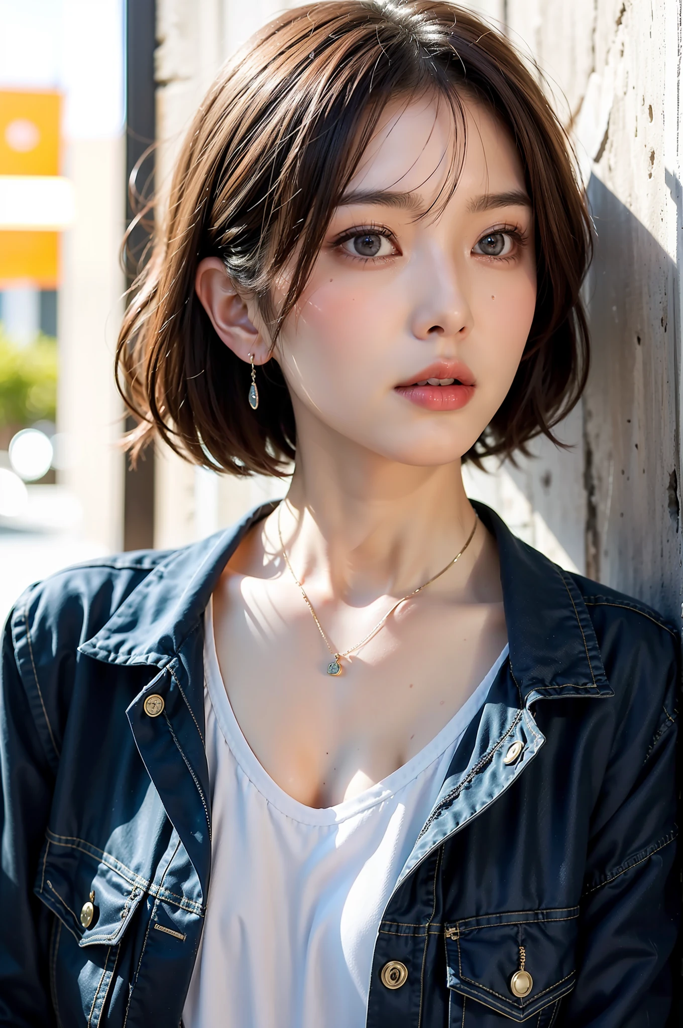 Best Quality, Master peace, Ultra high Resolution, (Realistic、、、、: 1.4), Original Photo, (True Skin Texture: 1.3), (Film Grain: 1.3), panorama, Portrait, Very Wide Lens, narrow waists, Denim Lens, (In the Dark, Deep Shadows, Low profile, Cold Light,) Night, Close-up, teardrops,ple short hair、the neck is long、Put your ears out、bangs、big Eyes、Light-colored eyes、inside the house, dust, tyndall effects,(expression), sitting, (against the wall), (looking awdown), nervousness, teardrops,1 girl smiling happily, beautiful detail eyes and face, white jabot, pink dark V, BROWN EYES,