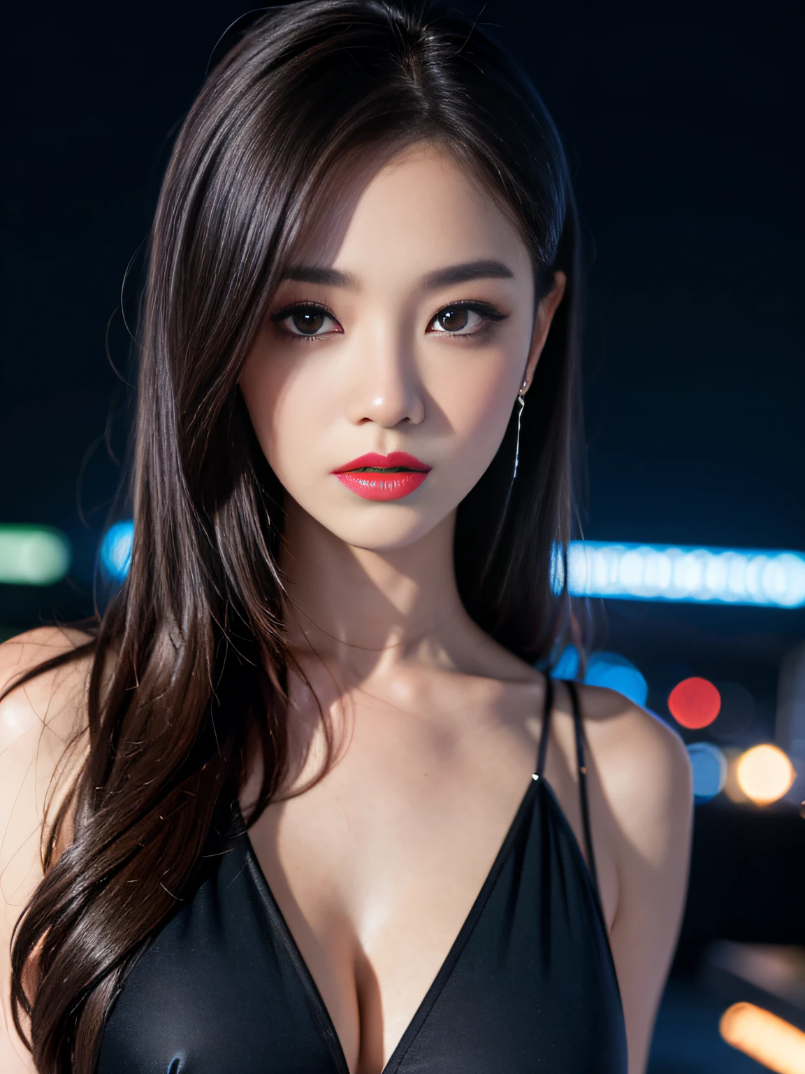 A girl, long hair, half picture, city, future, science fiction, black silk, shorts, night scene, midnight, blue light, neon, night, face close-up, delicate features, beautiful girl, beauty, charming,fashi-girl,red lips,realistic,makeup,